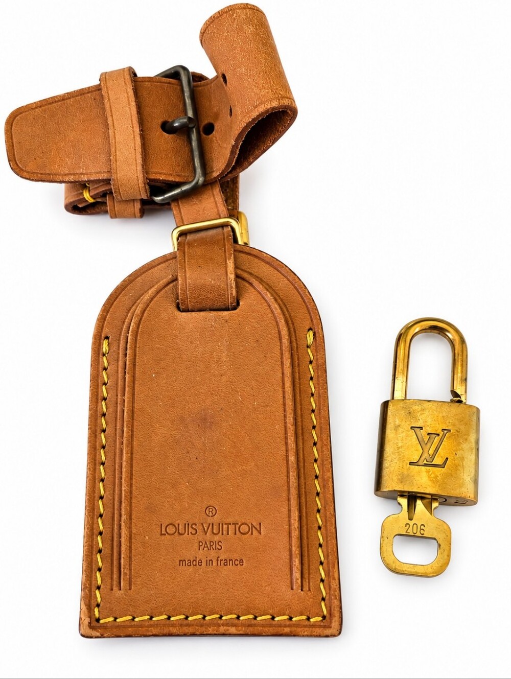 Louis Vuitton Luggage Tag Leather Strap Lock & Key #304 Authentic LV Set